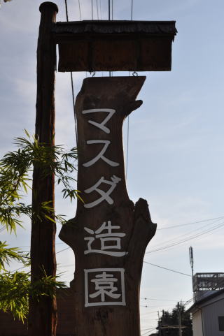 マスダ造園の木彫り看板